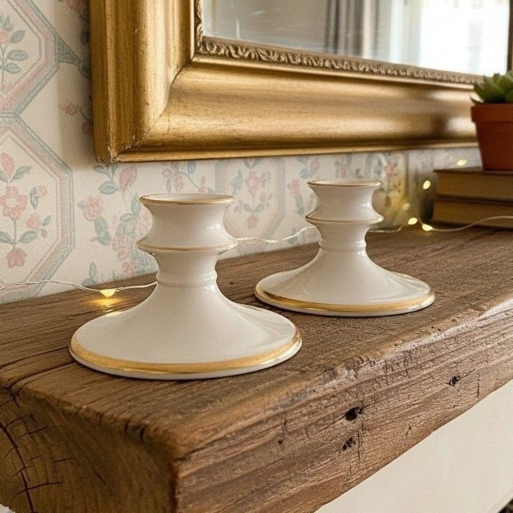 Pickard China Porcelain‎ Candle Holders, Set of 2, Vintage Gold Trim Accents